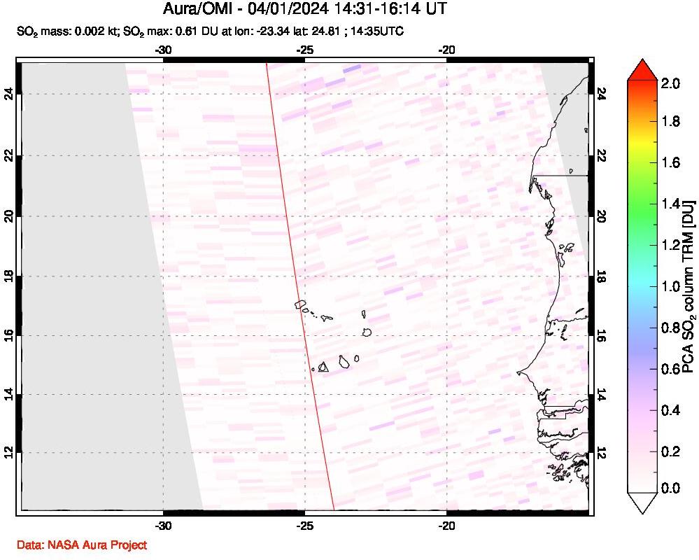 A sulfur dioxide image over Cape Verde Islands on Apr 01, 2024.