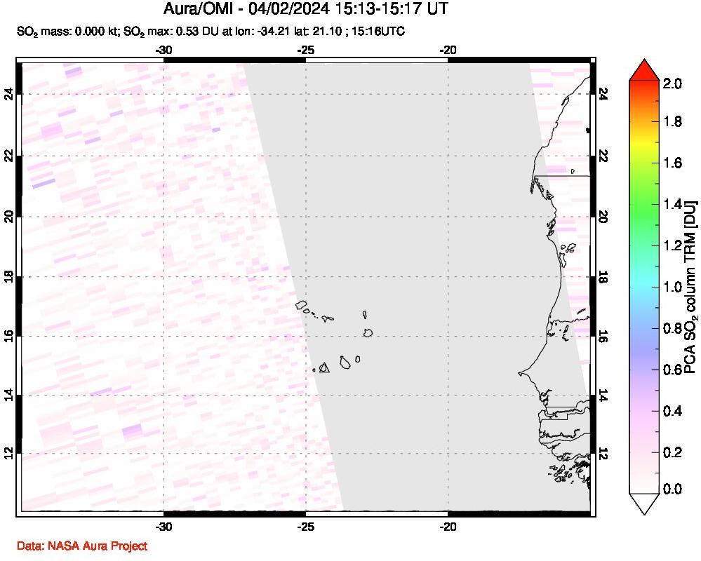 A sulfur dioxide image over Cape Verde Islands on Apr 02, 2024.