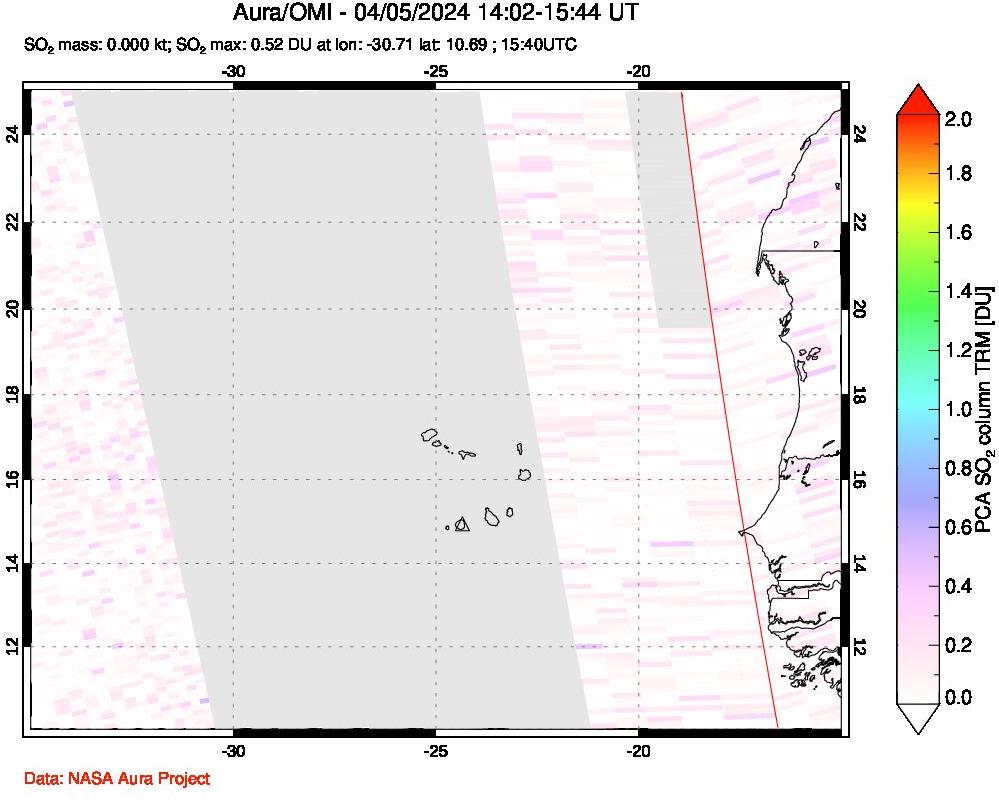 A sulfur dioxide image over Cape Verde Islands on Apr 05, 2024.