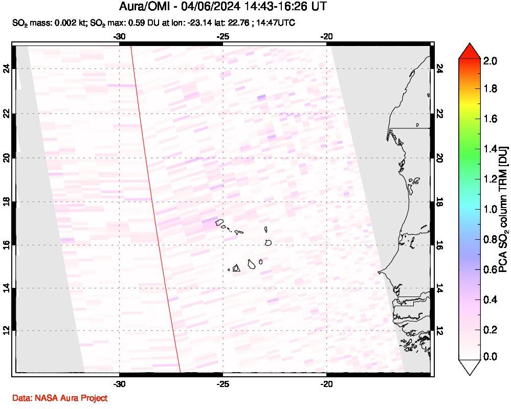 A sulfur dioxide image over Cape Verde Islands on Apr 06, 2024.