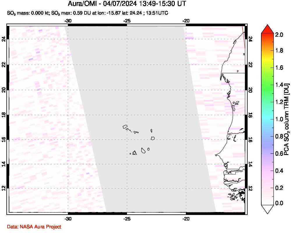 A sulfur dioxide image over Cape Verde Islands on Apr 07, 2024.