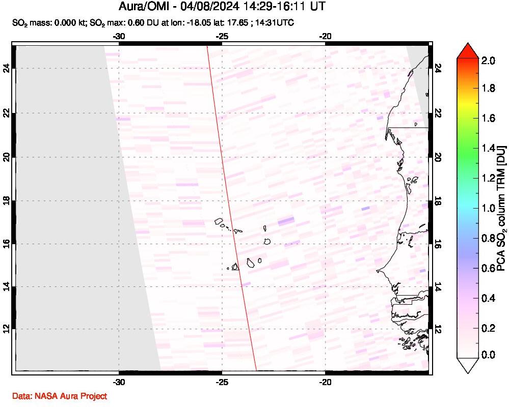 A sulfur dioxide image over Cape Verde Islands on Apr 08, 2024.