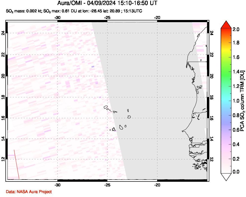 A sulfur dioxide image over Cape Verde Islands on Apr 09, 2024.