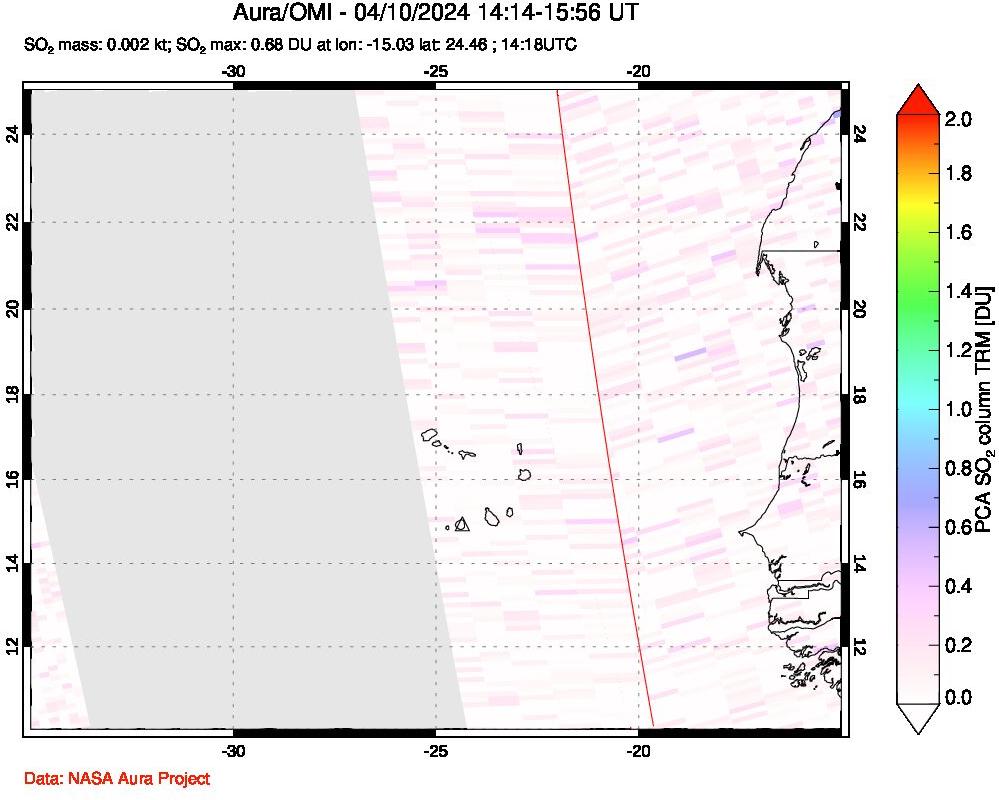 A sulfur dioxide image over Cape Verde Islands on Apr 10, 2024.