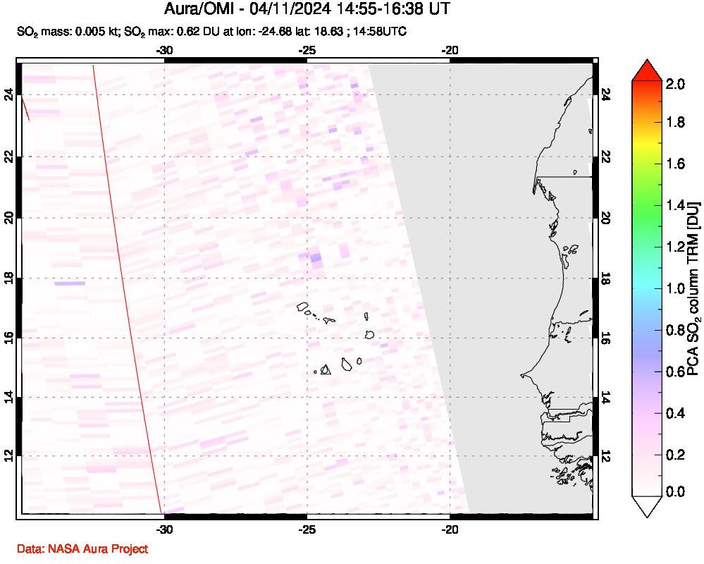 A sulfur dioxide image over Cape Verde Islands on Apr 11, 2024.