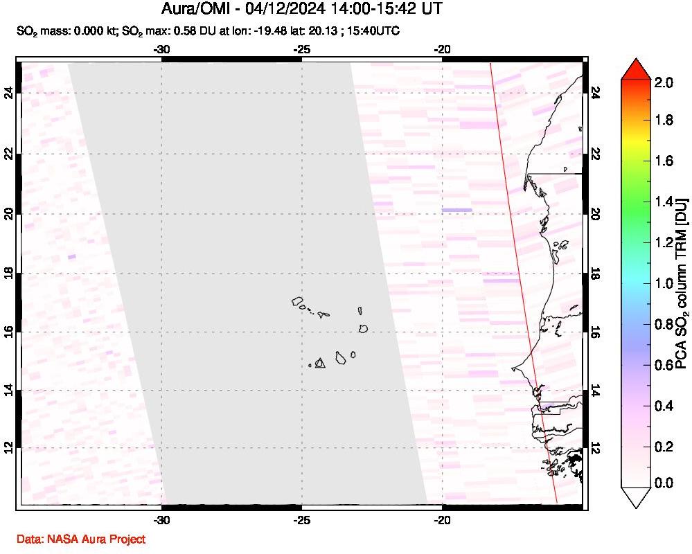 A sulfur dioxide image over Cape Verde Islands on Apr 12, 2024.