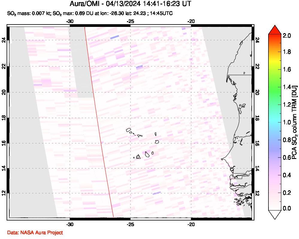 A sulfur dioxide image over Cape Verde Islands on Apr 13, 2024.