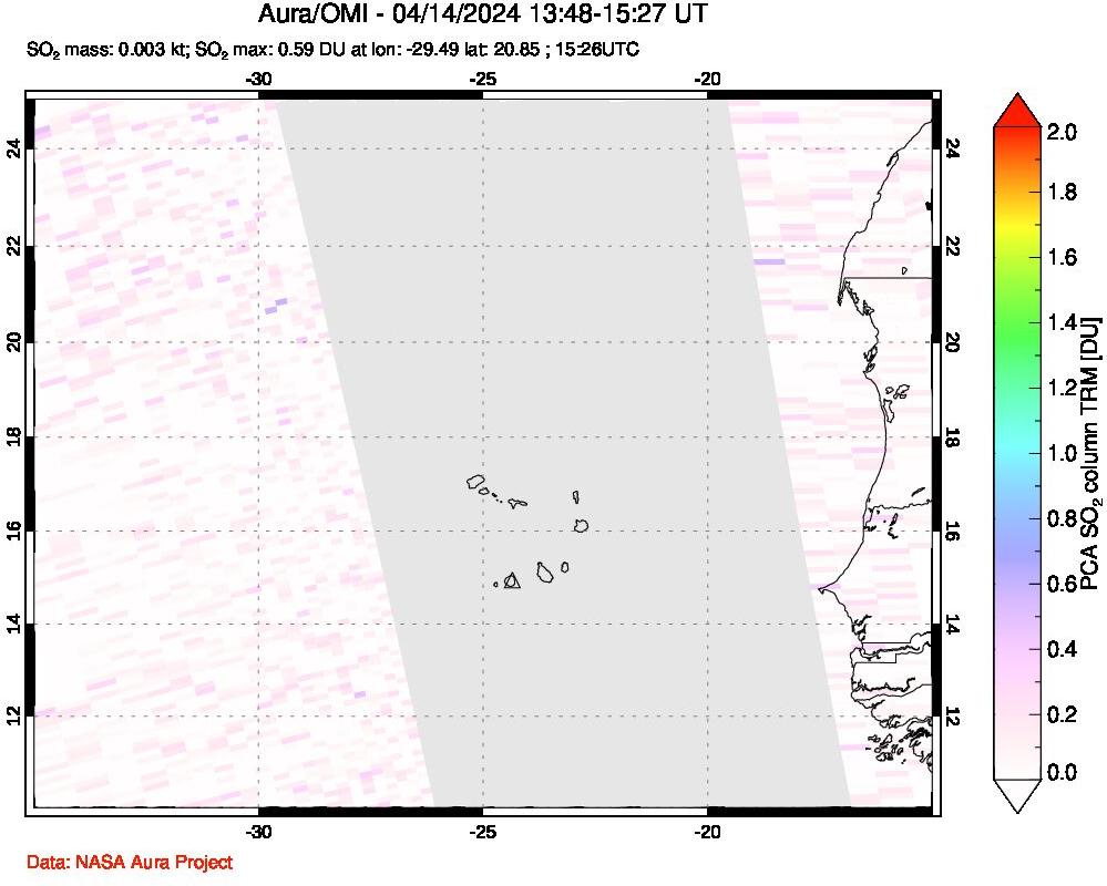 A sulfur dioxide image over Cape Verde Islands on Apr 14, 2024.