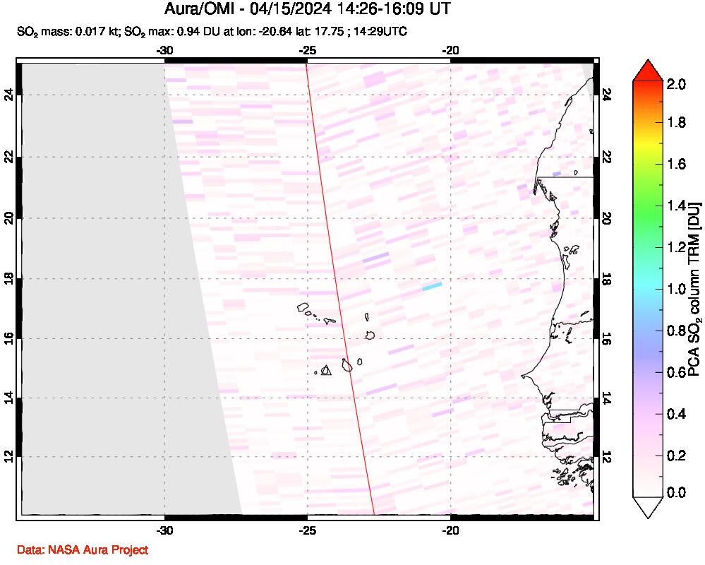 A sulfur dioxide image over Cape Verde Islands on Apr 15, 2024.