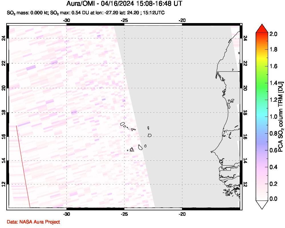 A sulfur dioxide image over Cape Verde Islands on Apr 16, 2024.