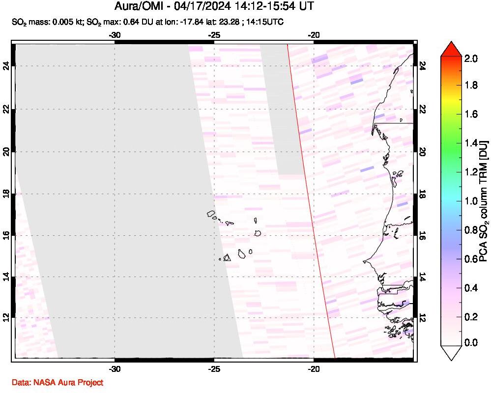 A sulfur dioxide image over Cape Verde Islands on Apr 17, 2024.