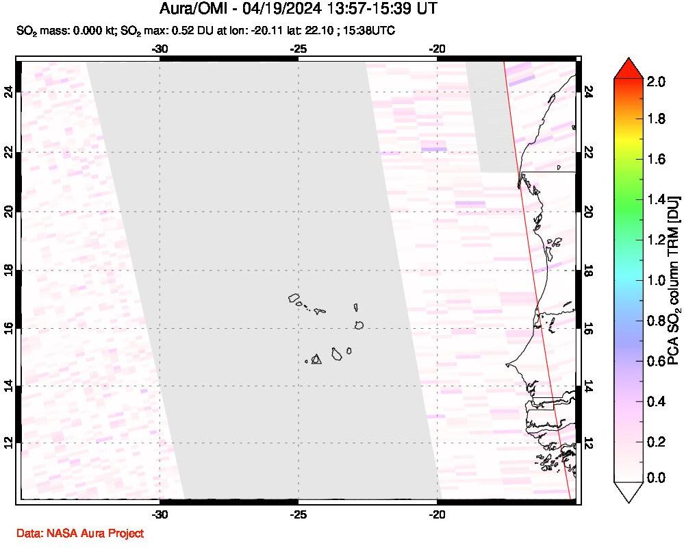 A sulfur dioxide image over Cape Verde Islands on Apr 19, 2024.