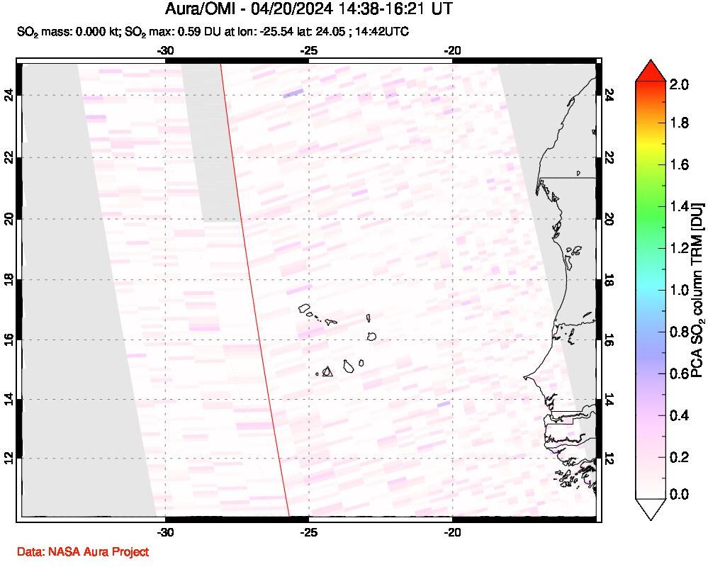 A sulfur dioxide image over Cape Verde Islands on Apr 20, 2024.