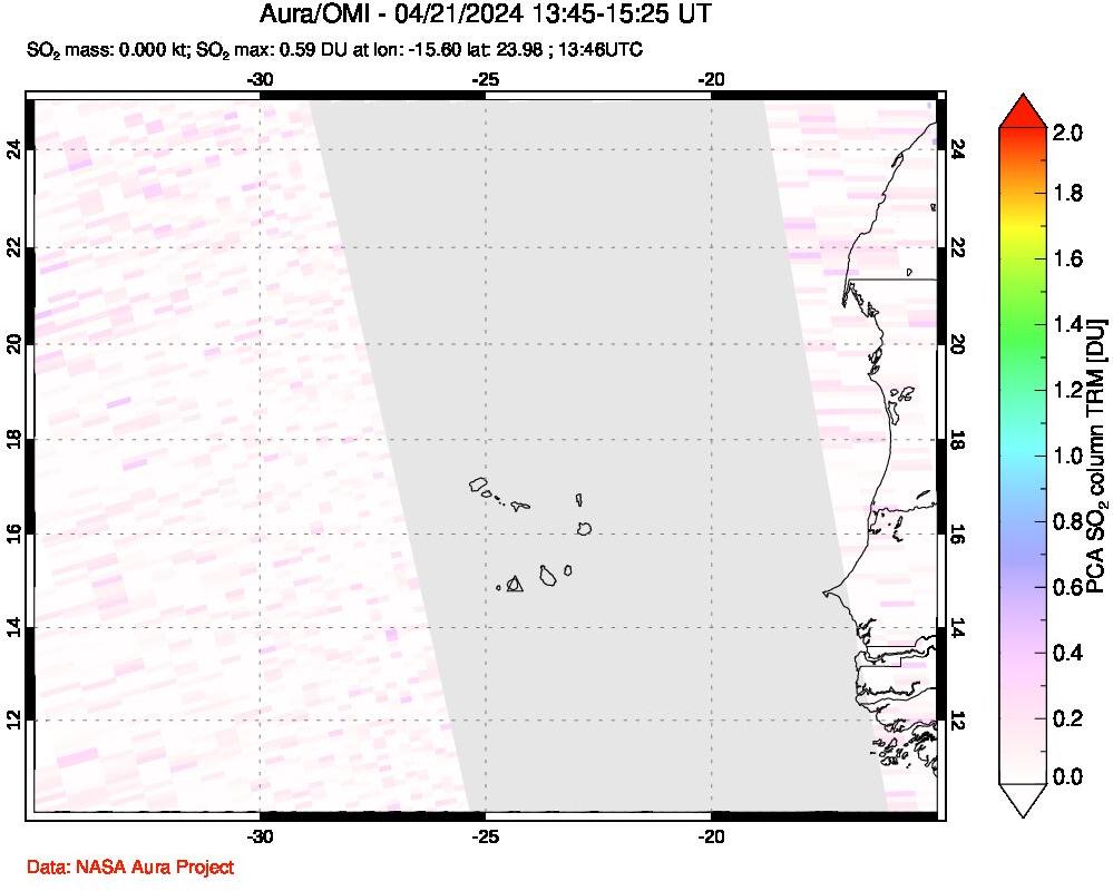 A sulfur dioxide image over Cape Verde Islands on Apr 21, 2024.