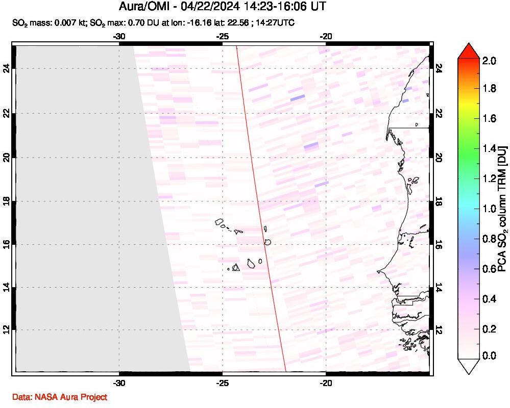 A sulfur dioxide image over Cape Verde Islands on Apr 22, 2024.