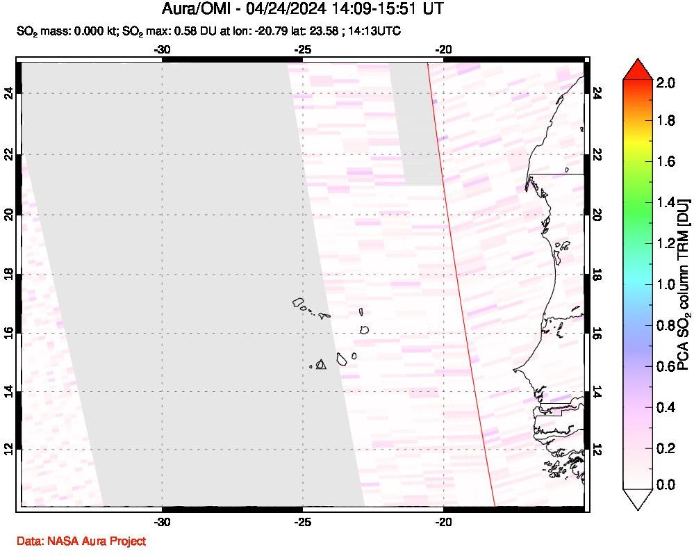 A sulfur dioxide image over Cape Verde Islands on Apr 24, 2024.