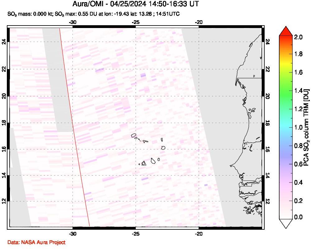 A sulfur dioxide image over Cape Verde Islands on Apr 25, 2024.