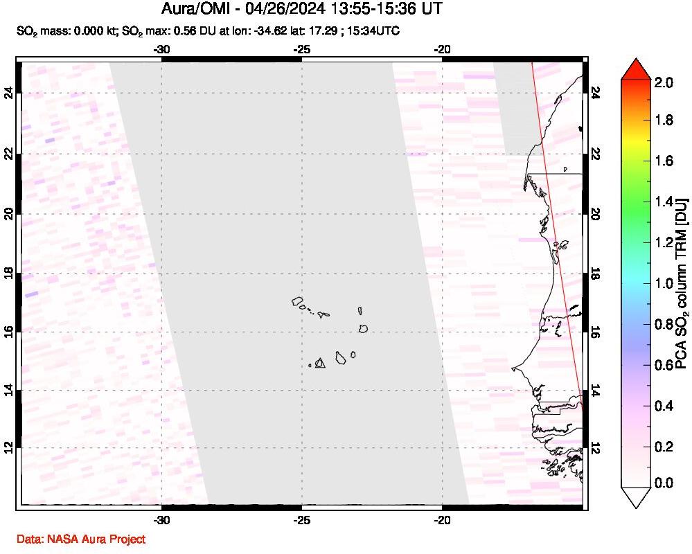 A sulfur dioxide image over Cape Verde Islands on Apr 26, 2024.