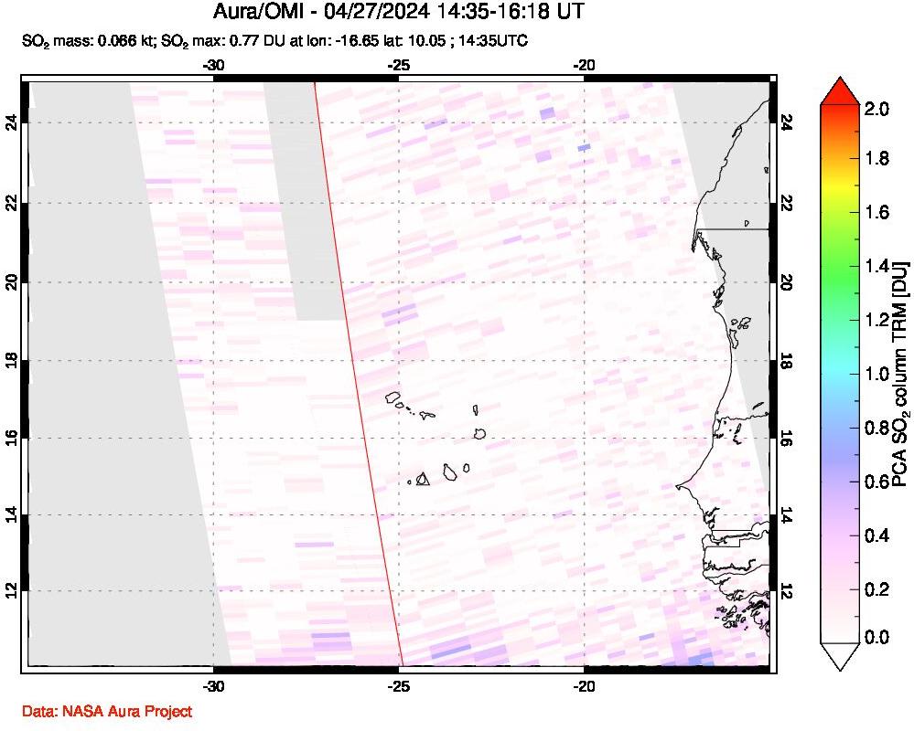 A sulfur dioxide image over Cape Verde Islands on Apr 27, 2024.