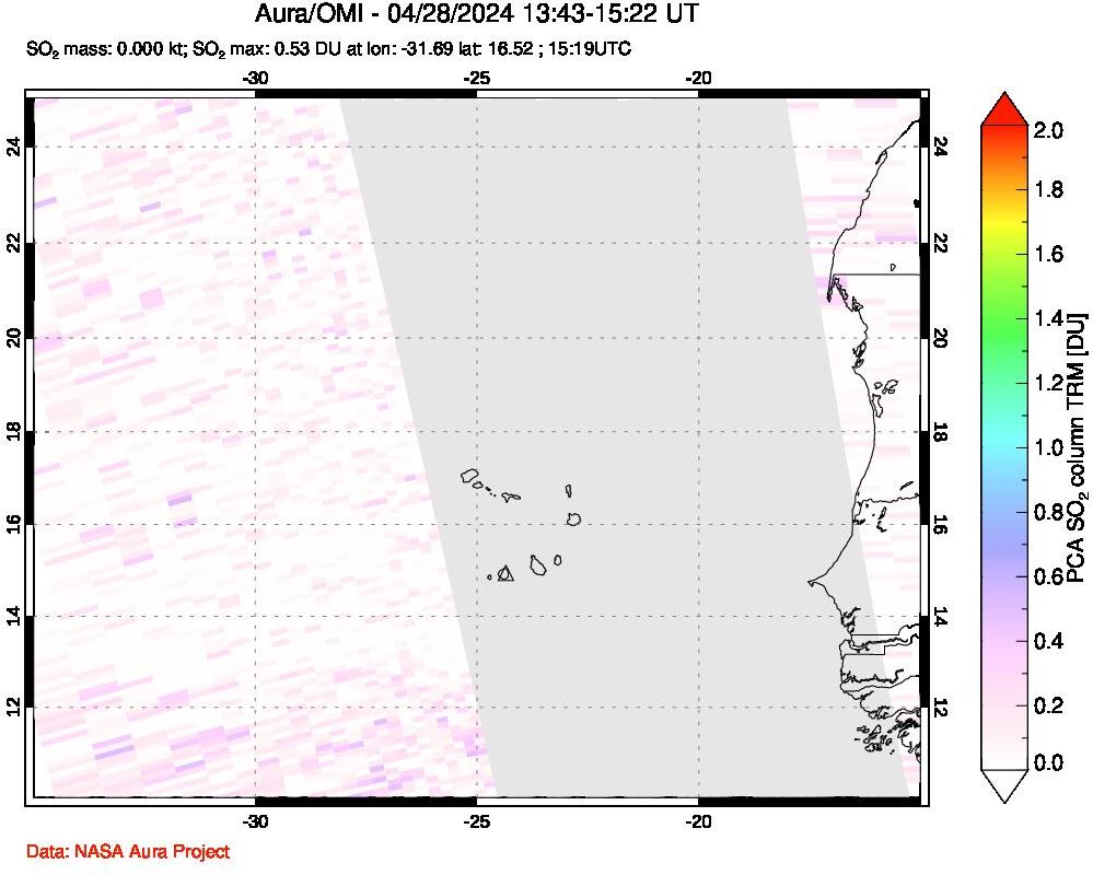 A sulfur dioxide image over Cape Verde Islands on Apr 28, 2024.