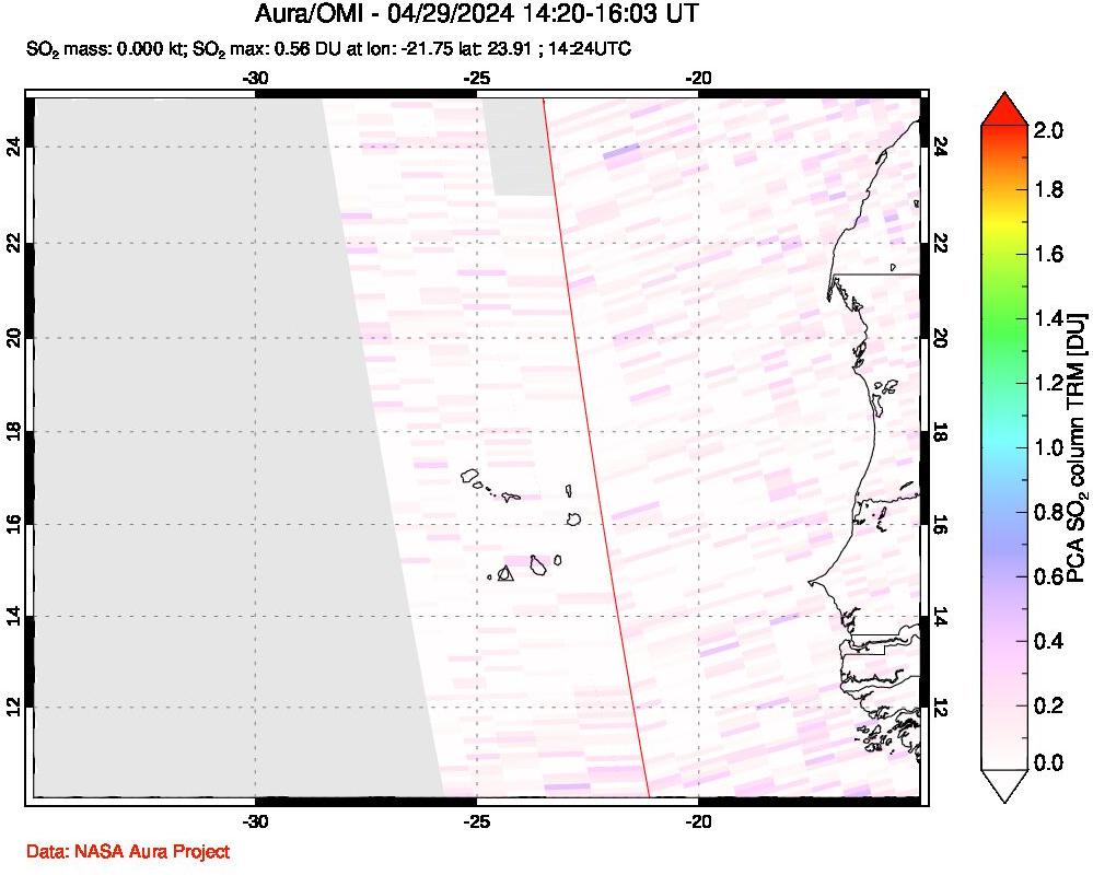 A sulfur dioxide image over Cape Verde Islands on Apr 29, 2024.