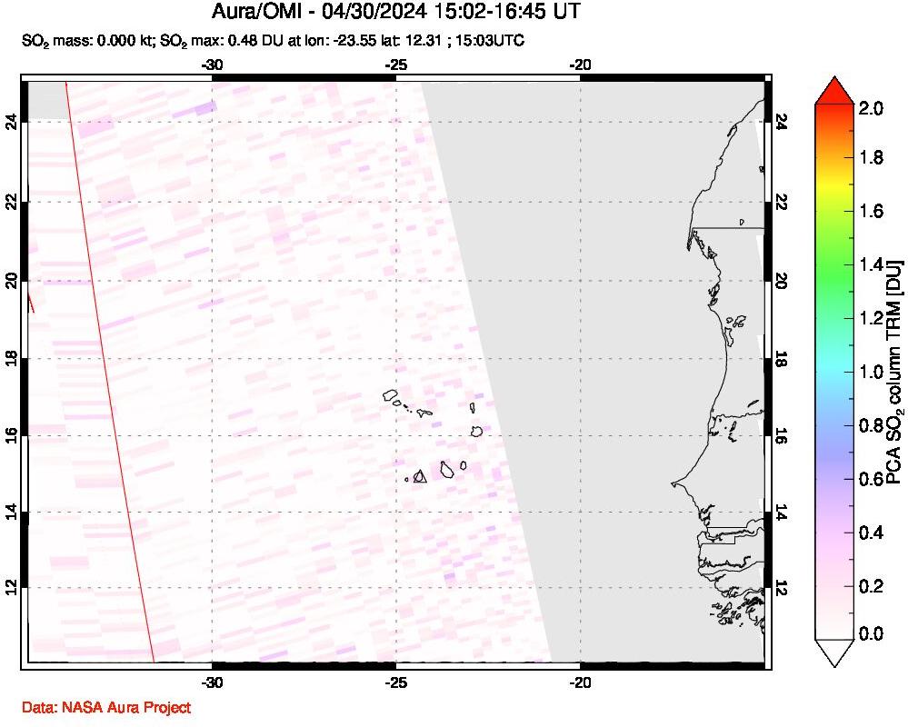 A sulfur dioxide image over Cape Verde Islands on Apr 30, 2024.