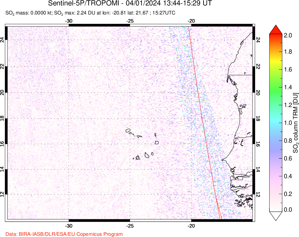 A sulfur dioxide image over Cape Verde Islands on Apr 01, 2024.