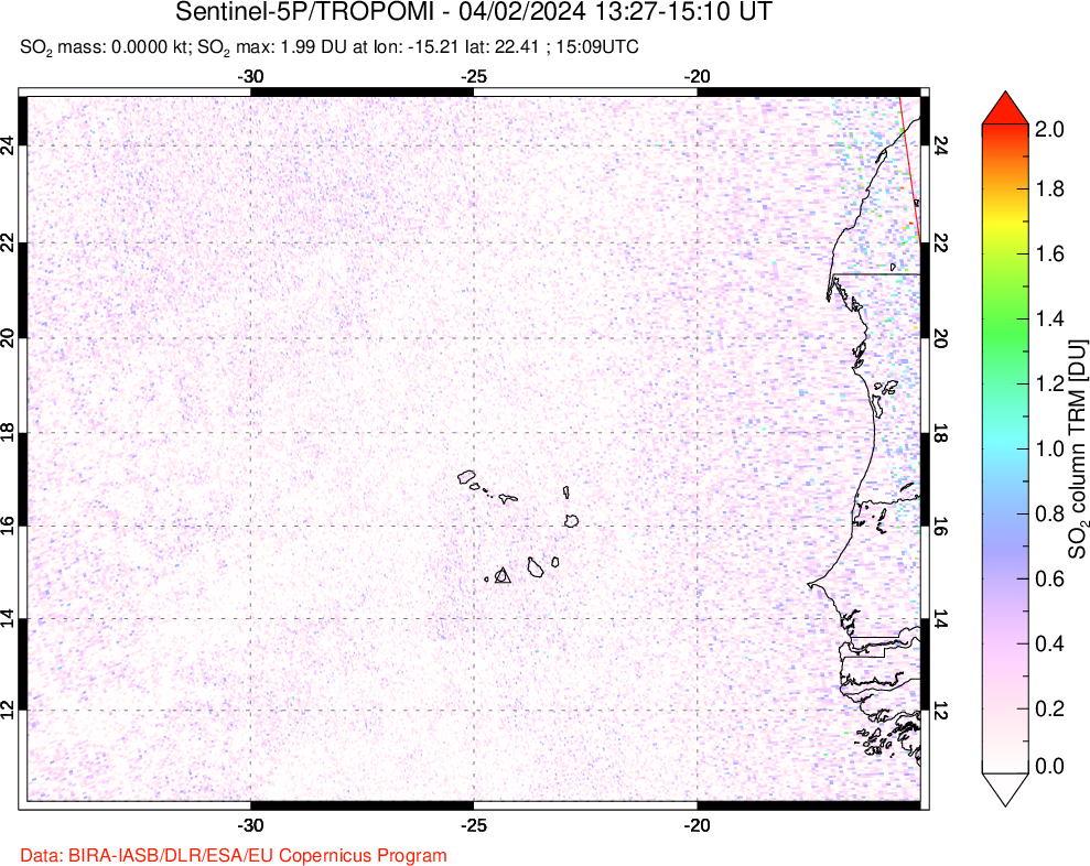 A sulfur dioxide image over Cape Verde Islands on Apr 02, 2024.