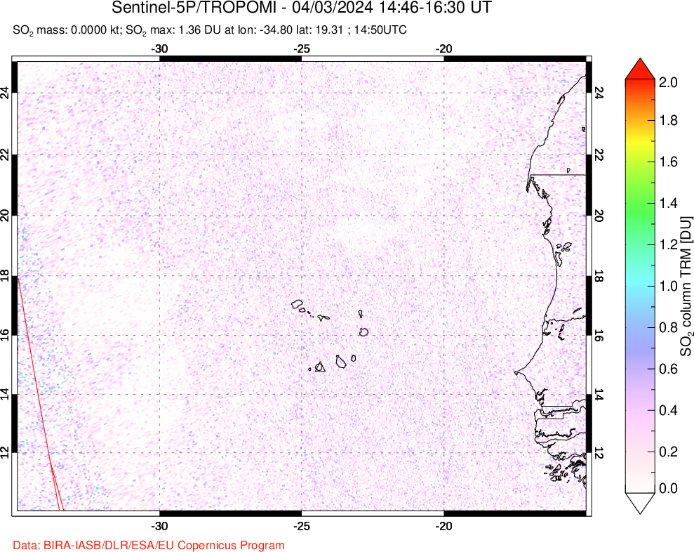 A sulfur dioxide image over Cape Verde Islands on Apr 03, 2024.