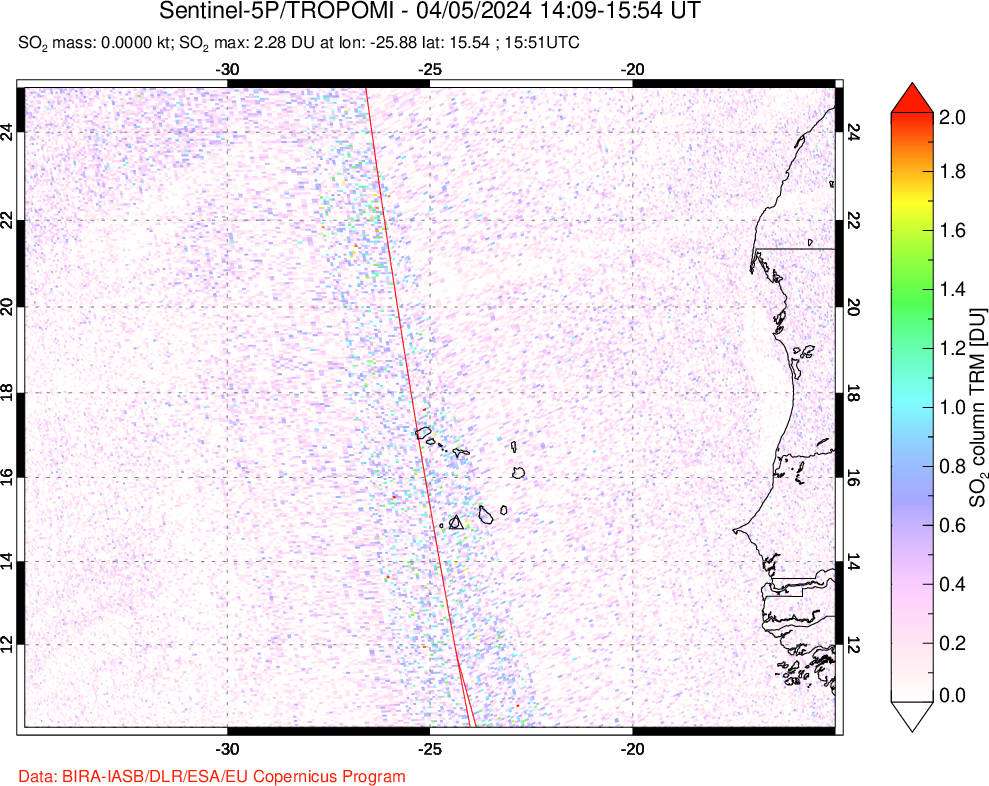 A sulfur dioxide image over Cape Verde Islands on Apr 05, 2024.