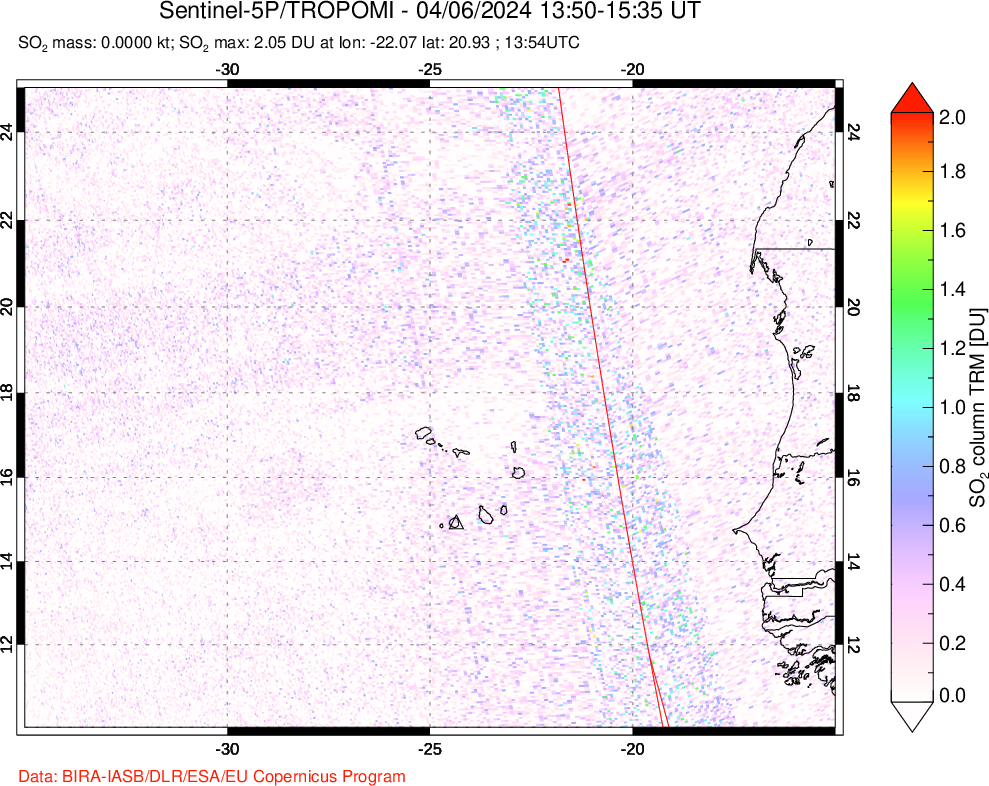 A sulfur dioxide image over Cape Verde Islands on Apr 06, 2024.