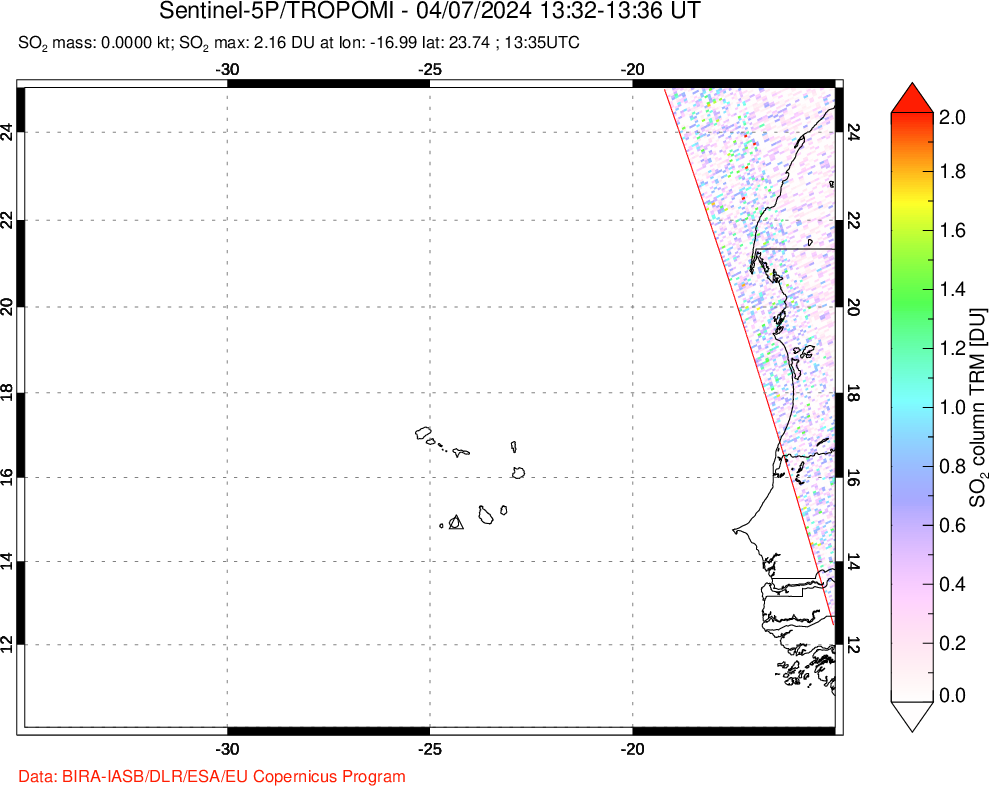 A sulfur dioxide image over Cape Verde Islands on Apr 07, 2024.