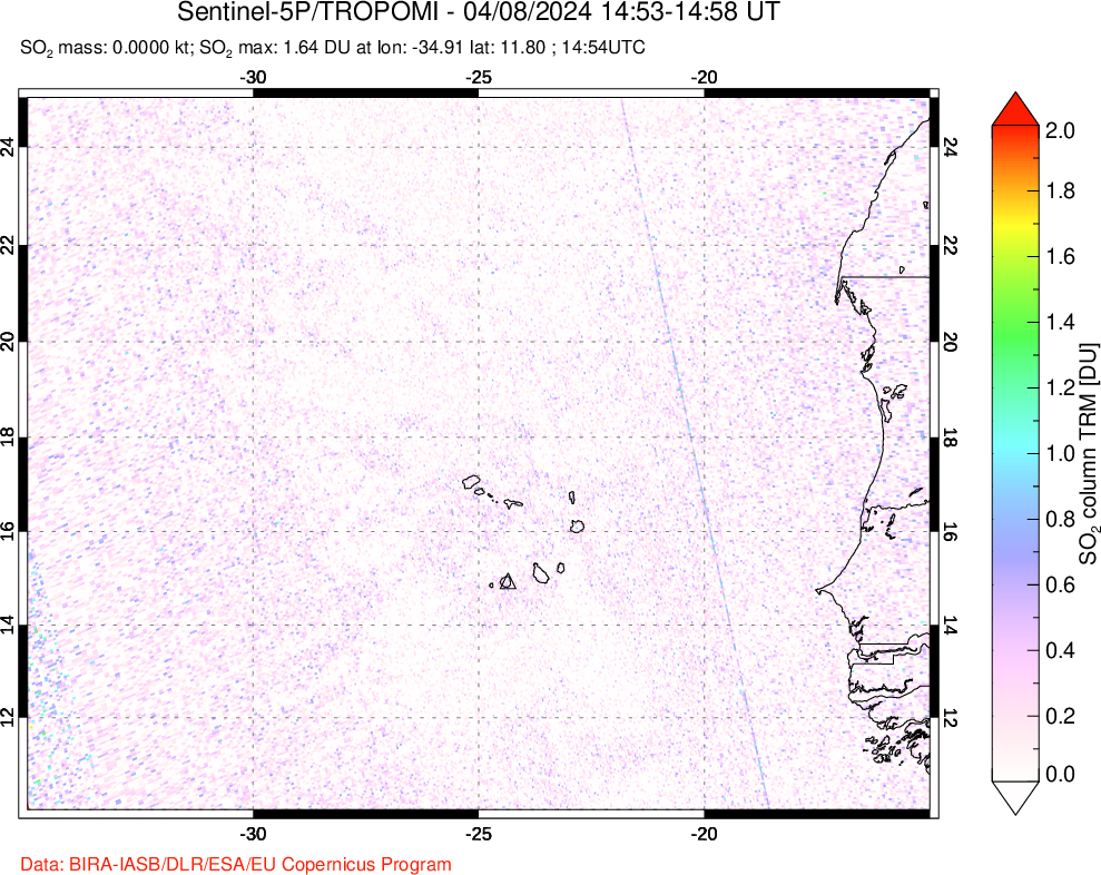 A sulfur dioxide image over Cape Verde Islands on Apr 08, 2024.