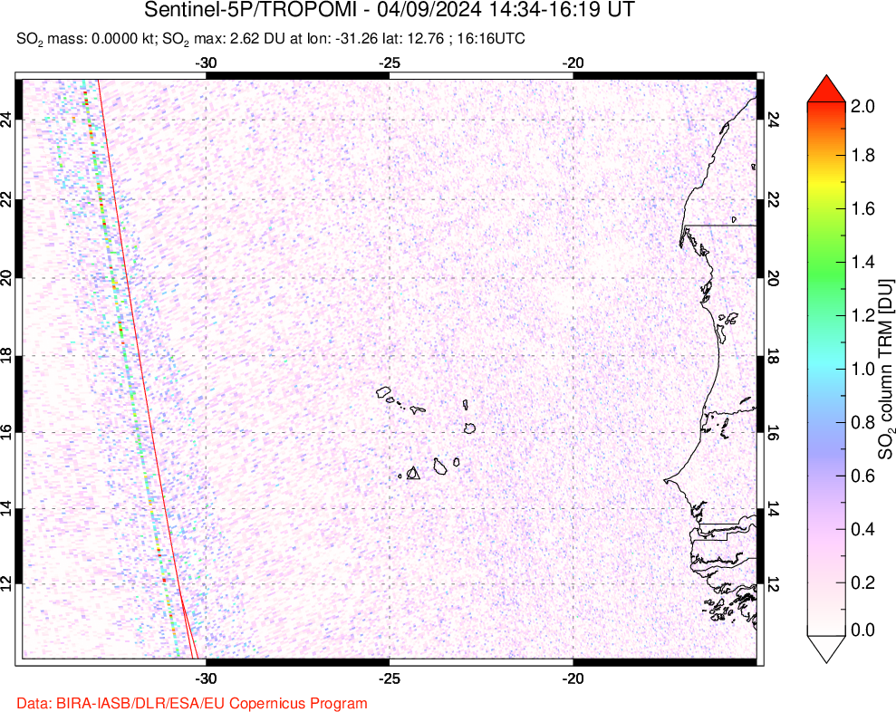 A sulfur dioxide image over Cape Verde Islands on Apr 09, 2024.