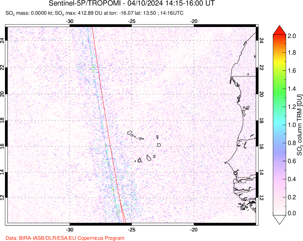 A sulfur dioxide image over Cape Verde Islands on Apr 10, 2024.