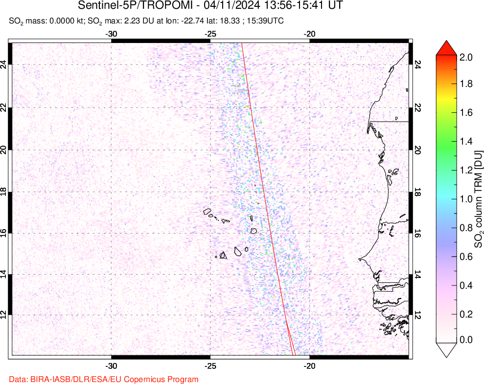 A sulfur dioxide image over Cape Verde Islands on Apr 11, 2024.