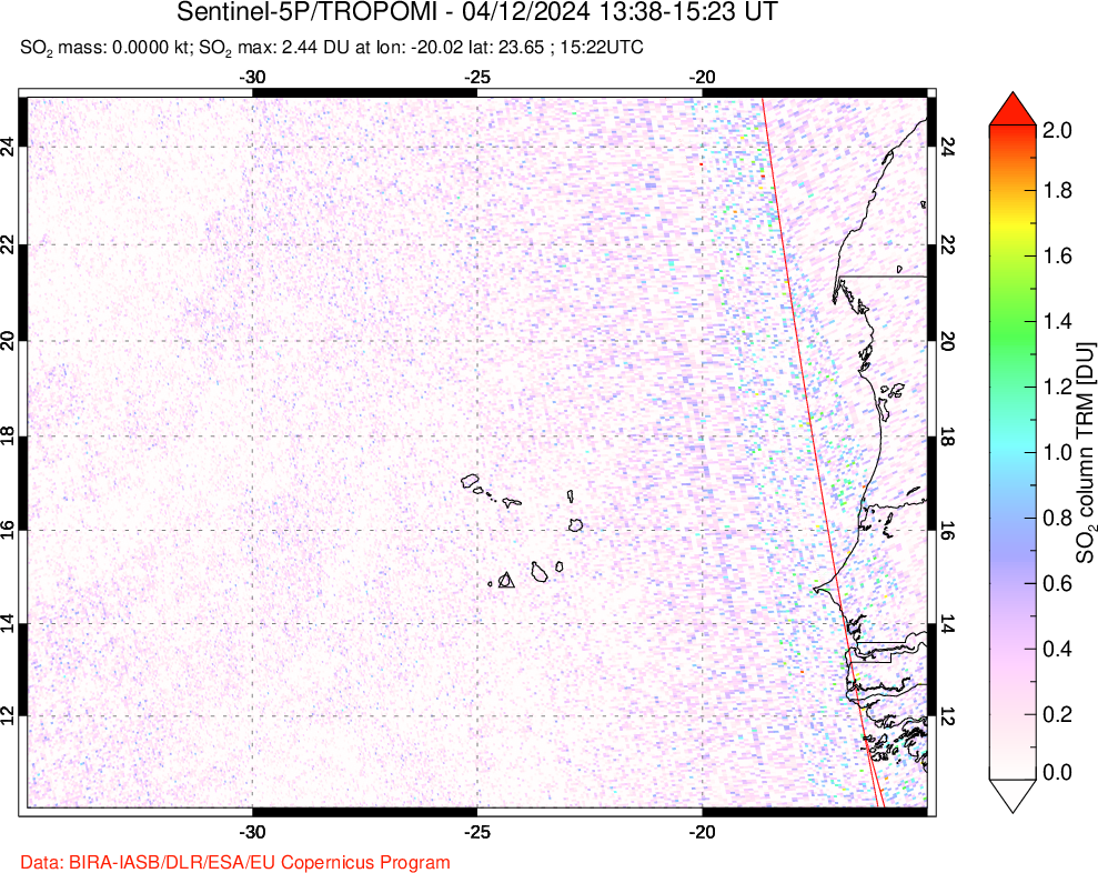 A sulfur dioxide image over Cape Verde Islands on Apr 12, 2024.