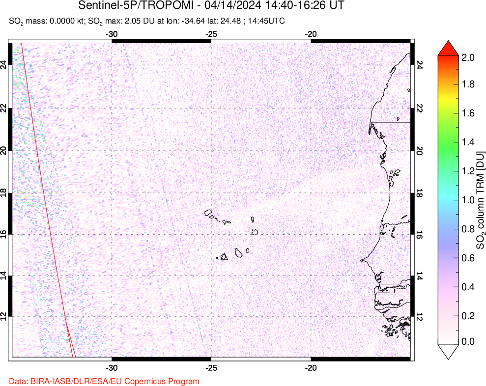 A sulfur dioxide image over Cape Verde Islands on Apr 14, 2024.