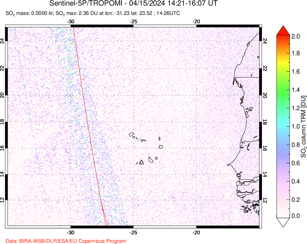 A sulfur dioxide image over Cape Verde Islands on Apr 15, 2024.