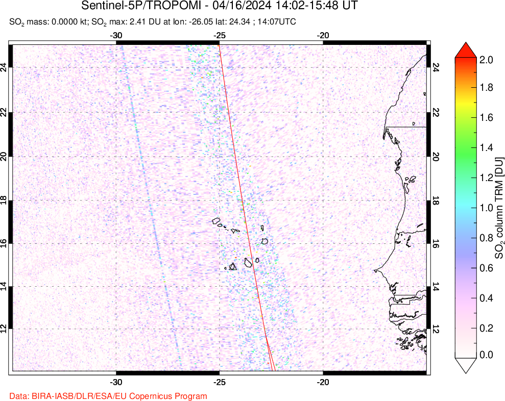 A sulfur dioxide image over Cape Verde Islands on Apr 16, 2024.