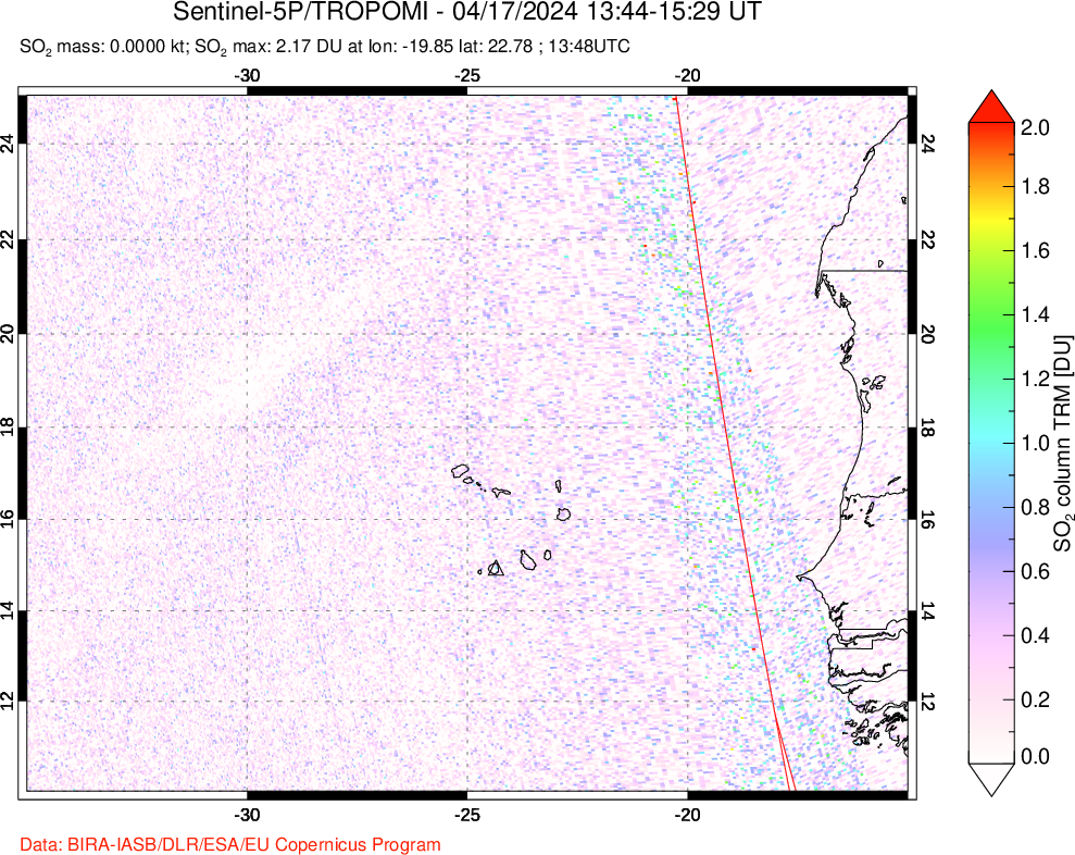 A sulfur dioxide image over Cape Verde Islands on Apr 17, 2024.