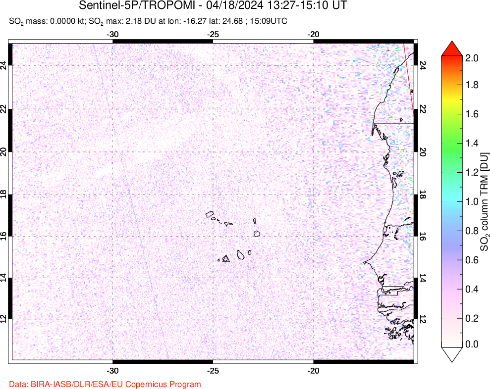 A sulfur dioxide image over Cape Verde Islands on Apr 18, 2024.