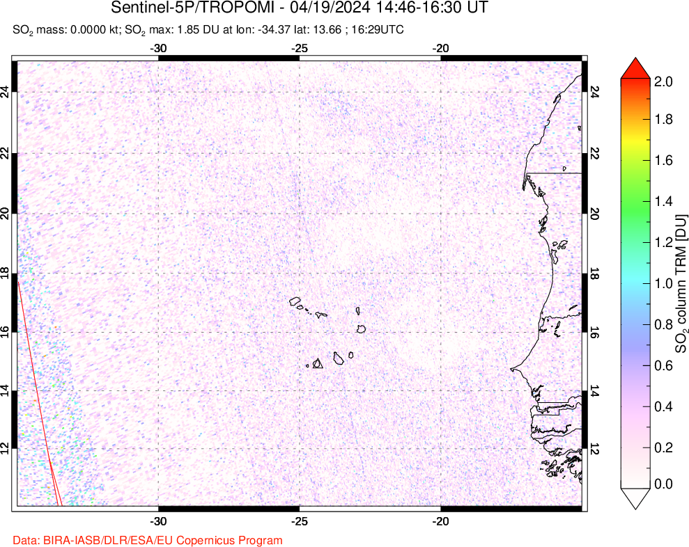 A sulfur dioxide image over Cape Verde Islands on Apr 19, 2024.