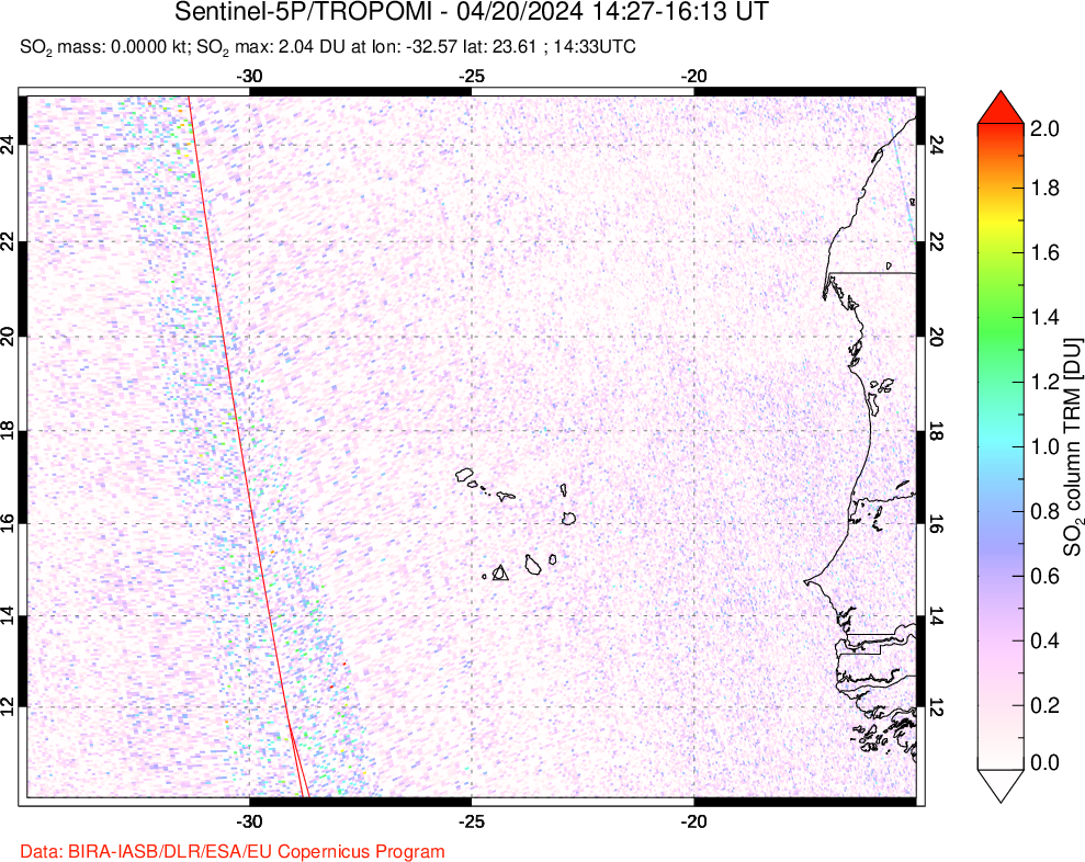 A sulfur dioxide image over Cape Verde Islands on Apr 20, 2024.