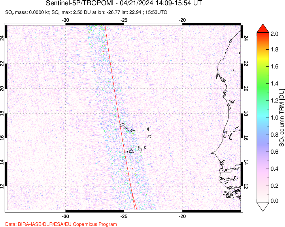 A sulfur dioxide image over Cape Verde Islands on Apr 21, 2024.