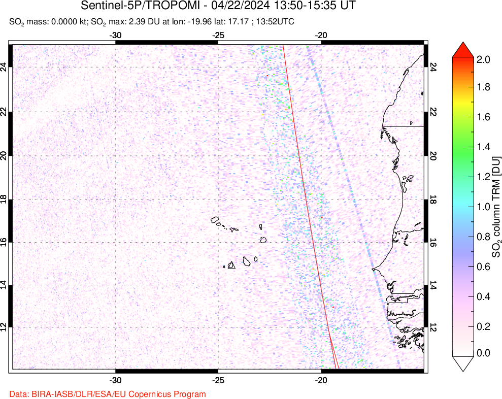 A sulfur dioxide image over Cape Verde Islands on Apr 22, 2024.