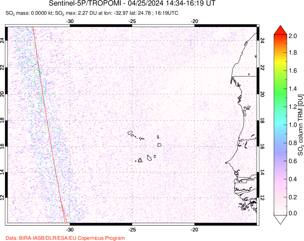 A sulfur dioxide image over Cape Verde Islands on Apr 25, 2024.