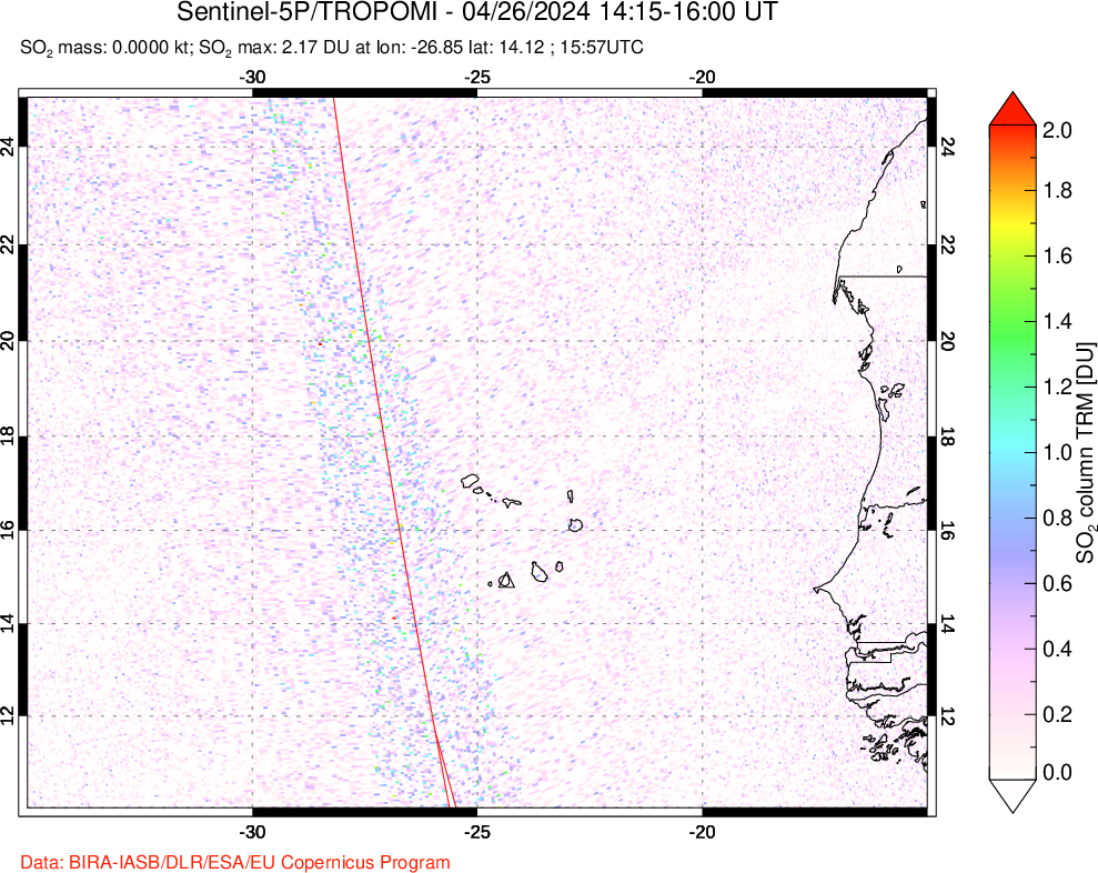 A sulfur dioxide image over Cape Verde Islands on Apr 26, 2024.