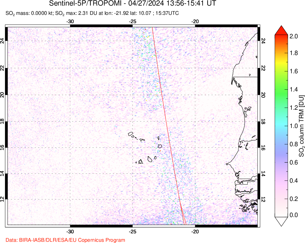 A sulfur dioxide image over Cape Verde Islands on Apr 27, 2024.