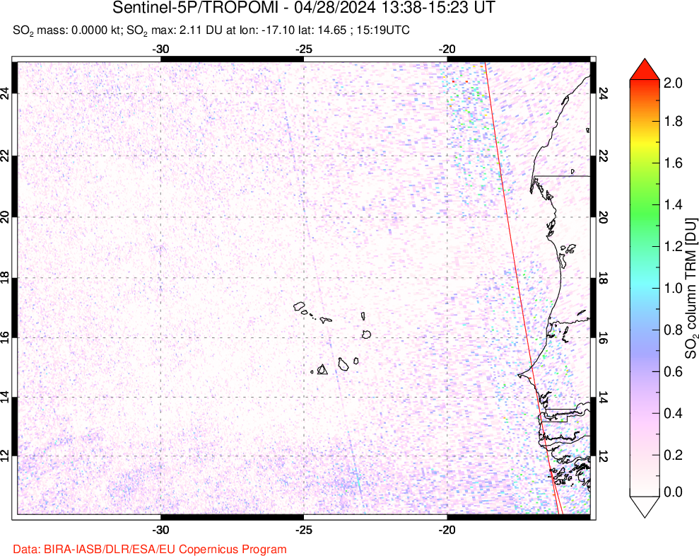 A sulfur dioxide image over Cape Verde Islands on Apr 28, 2024.